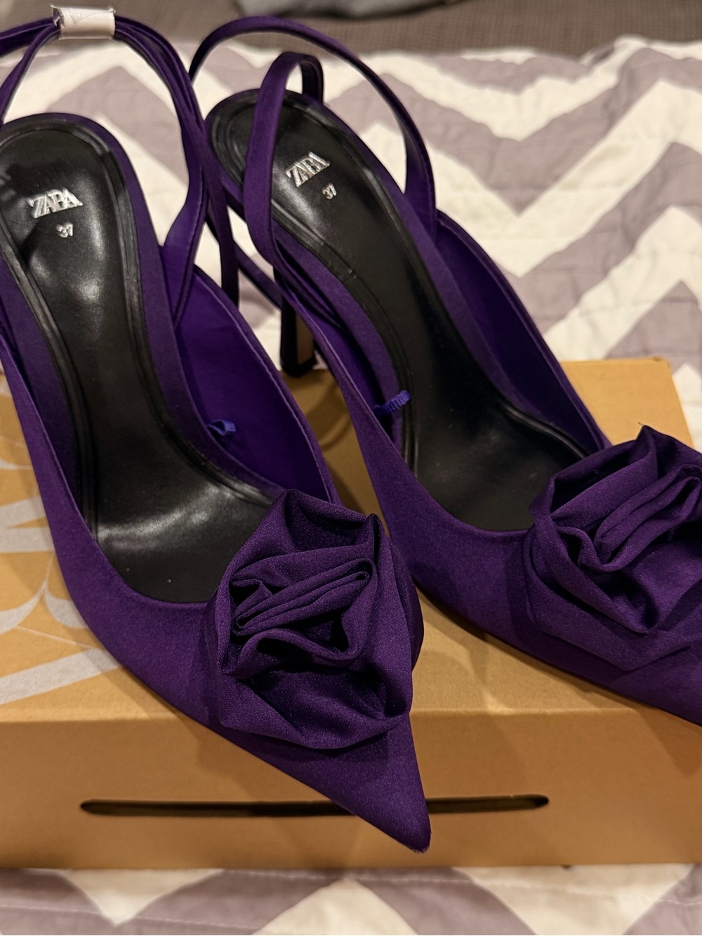 Zara Deep Purple Satin Pointed Slingback Heels with Rosette Accent